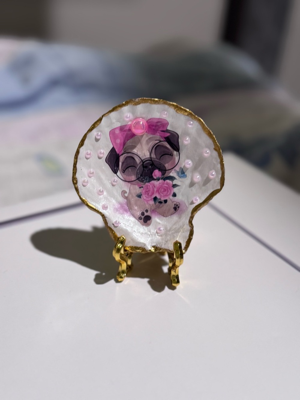 Handmade Pug scallop Shell Dish with Pink Accents- perfect gift